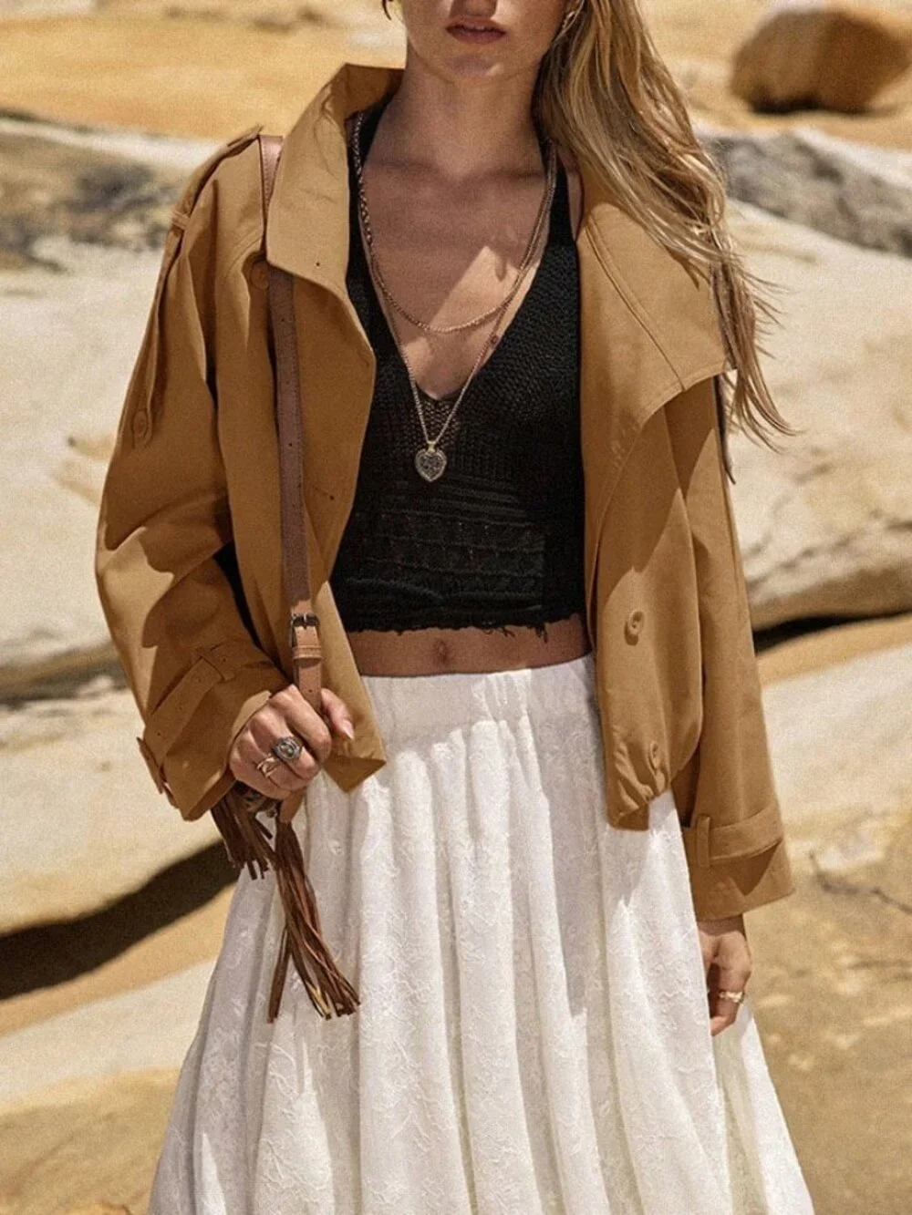 Camel Casual Women's Double-Breasted Short Trench Coat